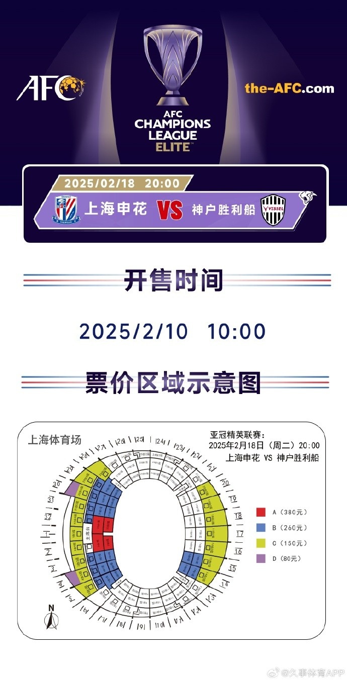  上海申花vs神戶勝利船票務方案：明日開售，票價區間80元-380元